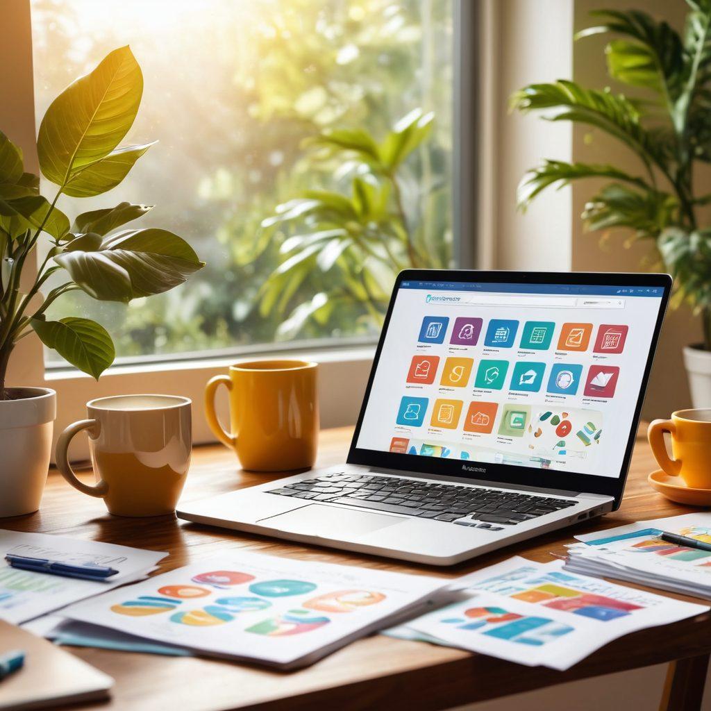 A person sitting at a cozy home workspace, enthusiastically browsing a laptop filled with colorful insurance icons and policy options. Surrounding them are papers and a coffee cup, symbolizing the search for the perfect insurance plan. A calming indoor plant adds warmth. Soft sunlight filters through a window, creating an inviting atmosphere. digital illustration. vibrant colors. warm lighting.